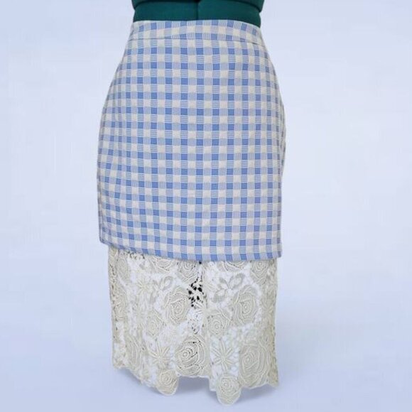 Endless Rose Blue Plaid Skirt with Crocheted Lace Hem - Size Large - Picture 1 of 9